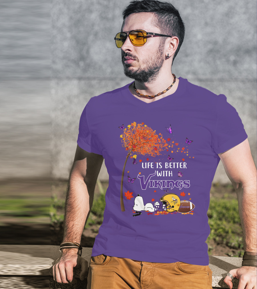 Life Is Better With Vikings Football And Autumn Leaves T-Shirt