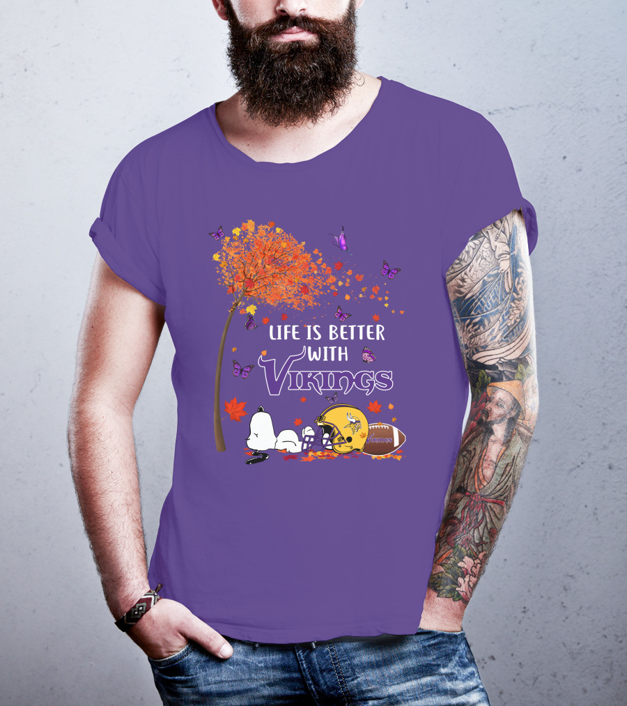 Life Is Better With Vikings Football And Autumn Leaves T-Shirt