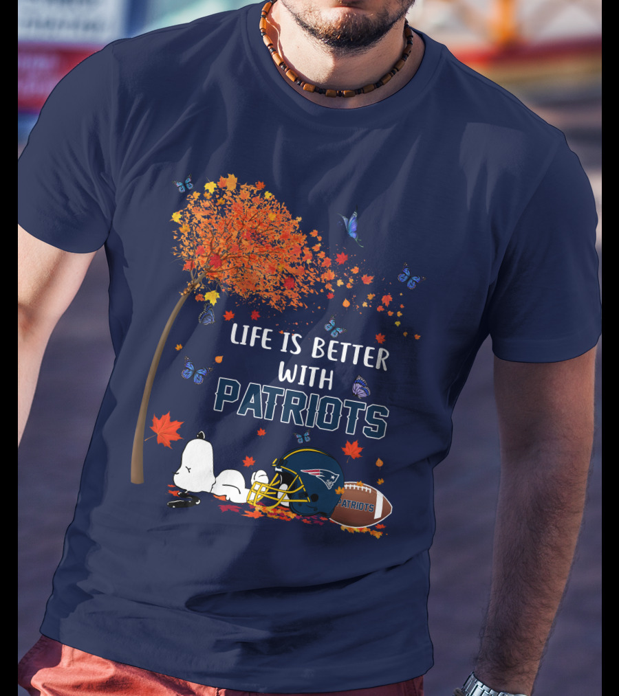 Life Is Better With Patriots New England Football Autumn Tree Butterfly T-Shirt
