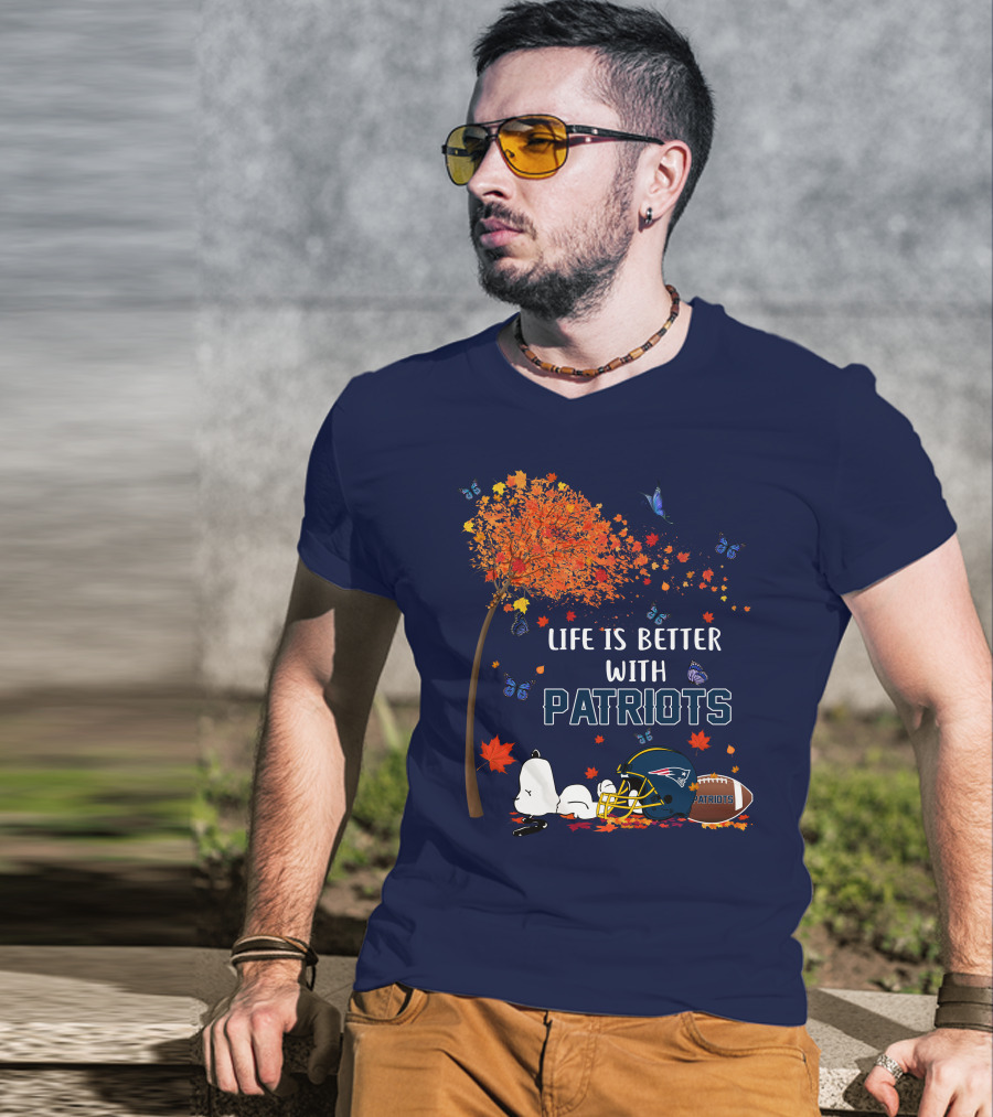Life Is Better With Patriots New England Football Autumn Tree Butterfly T-Shirt