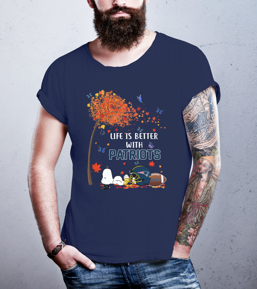 Life Is Better With Patriots New England Football Autumn Tree Butterfly T-Shirt