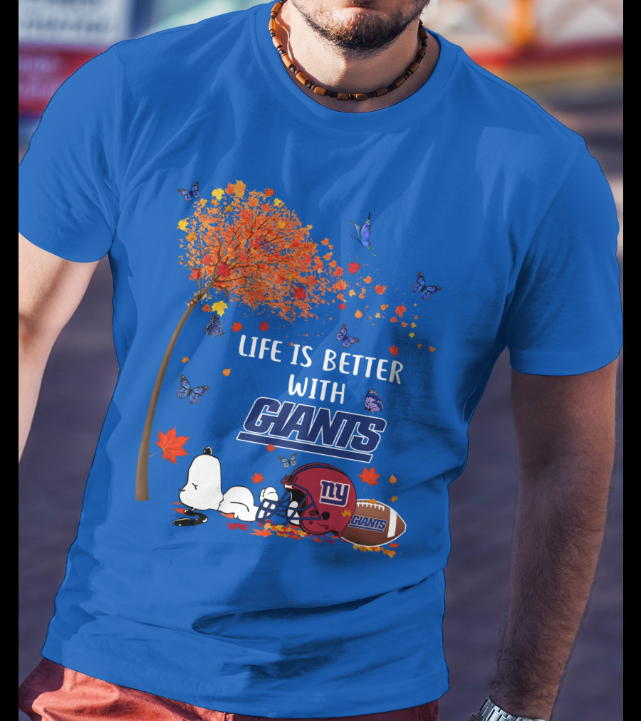 Life Is Better With Giants New York Giants Football Autumn Leaves Snoopy Butterflies T-Shirt