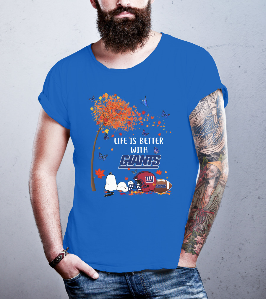 Life Is Better With Giants New York Giants Football Autumn Leaves Snoopy Butterflies T-Shirt