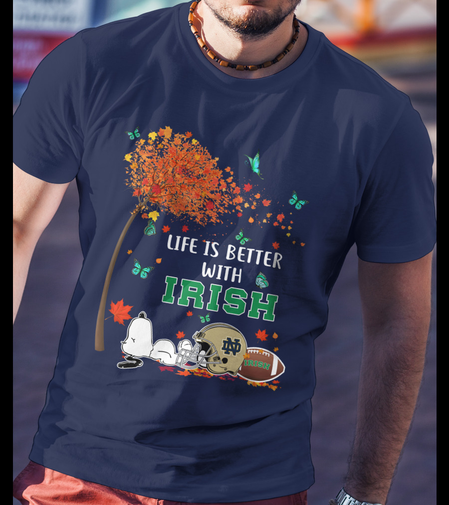 Life Is Better With Irish Autumn Leaves Football Helmet Snoopy Notre Dame T-Shirt