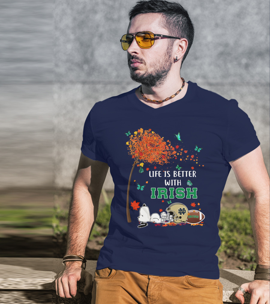 Life Is Better With Irish Autumn Leaves Football Helmet Snoopy Notre Dame T-Shirt