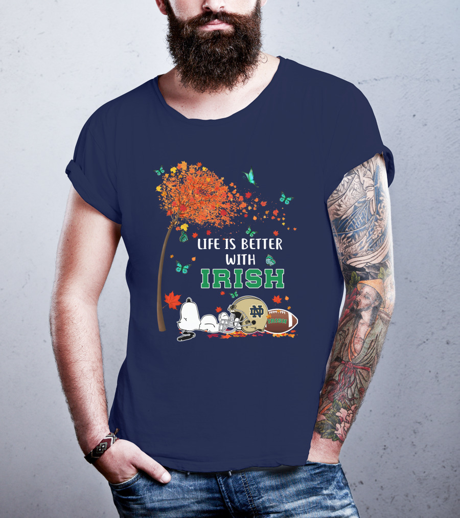 Life Is Better With Irish Autumn Leaves Football Helmet Snoopy Notre Dame T-Shirt
