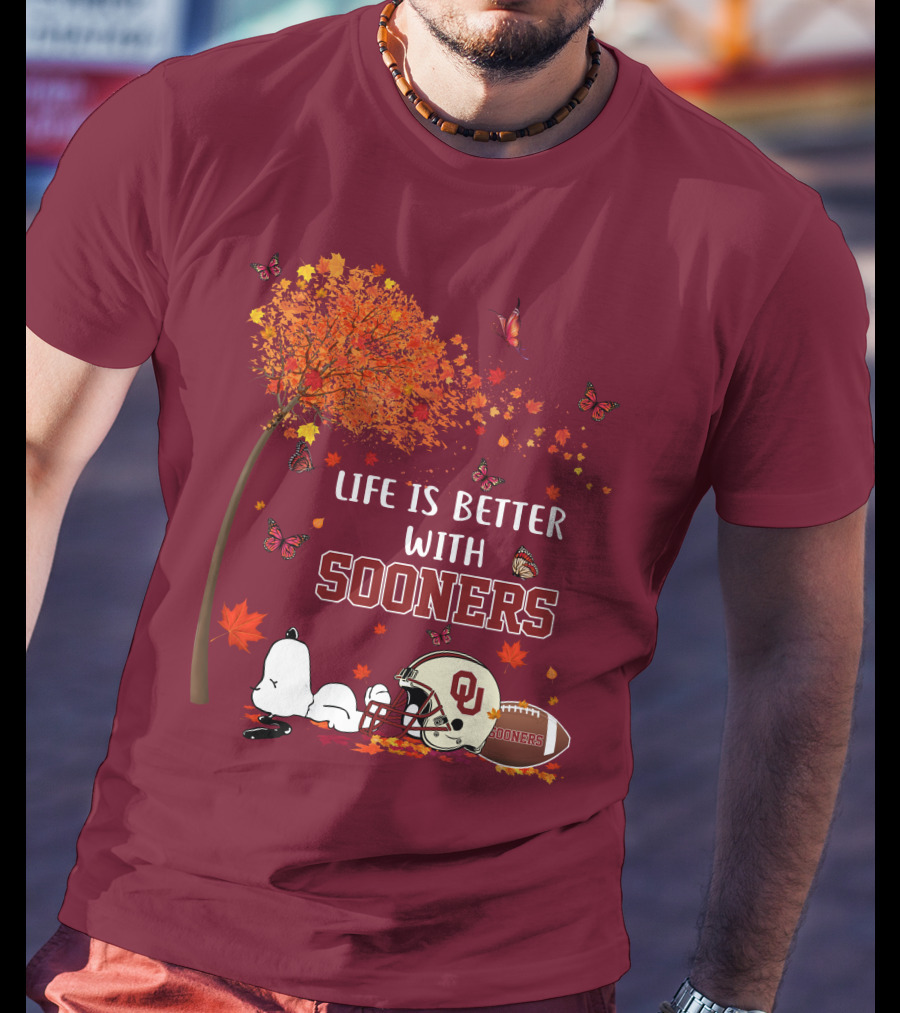 Life Is Better With Sooners Football Autumn Leaves And Butterflies T-Shirt