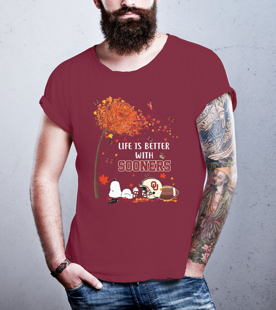 Life Is Better With Sooners Football Autumn Leaves And Butterflies T-Shirt