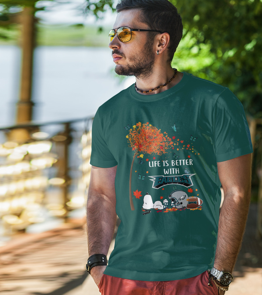 Life Is Better With Eagles Football Autumn Leaves And Butterflies T-Shirt