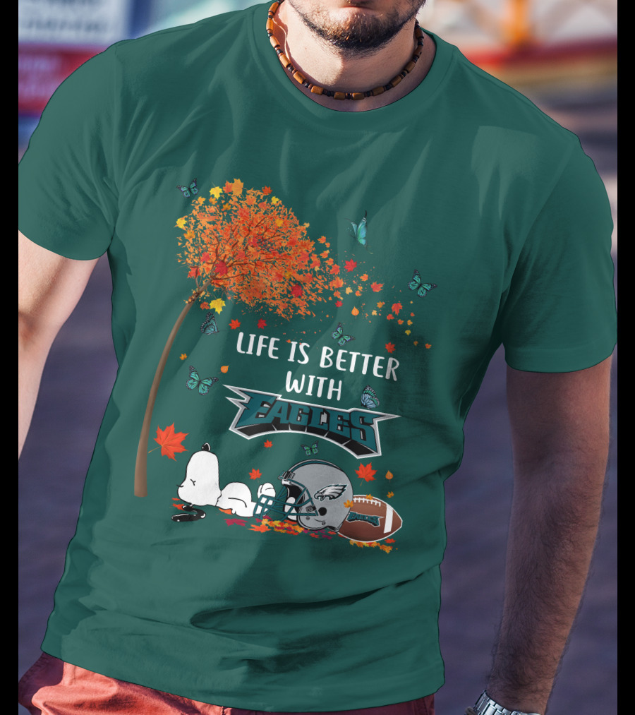 Life Is Better With Eagles Football Autumn Leaves And Butterflies T-Shirt