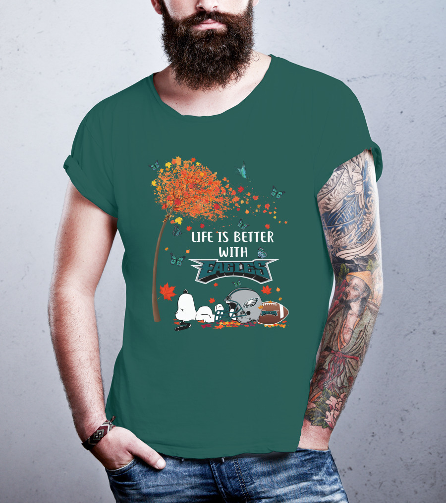Life Is Better With Eagles Football Autumn Leaves And Butterflies T-Shirt