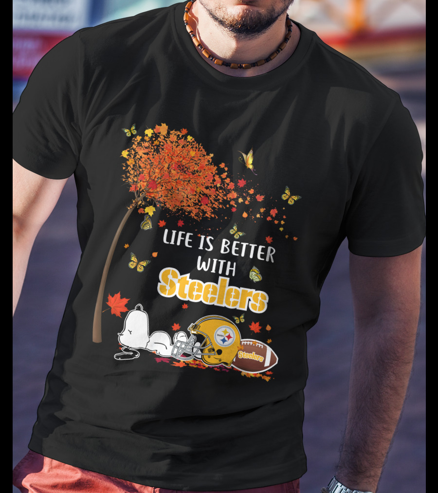Life Is Better With Steelers Autumn Snoopy Football Helmet T-Shirt