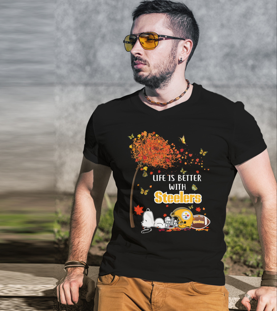 Life Is Better With Steelers Autumn Snoopy Football Helmet T-Shirt