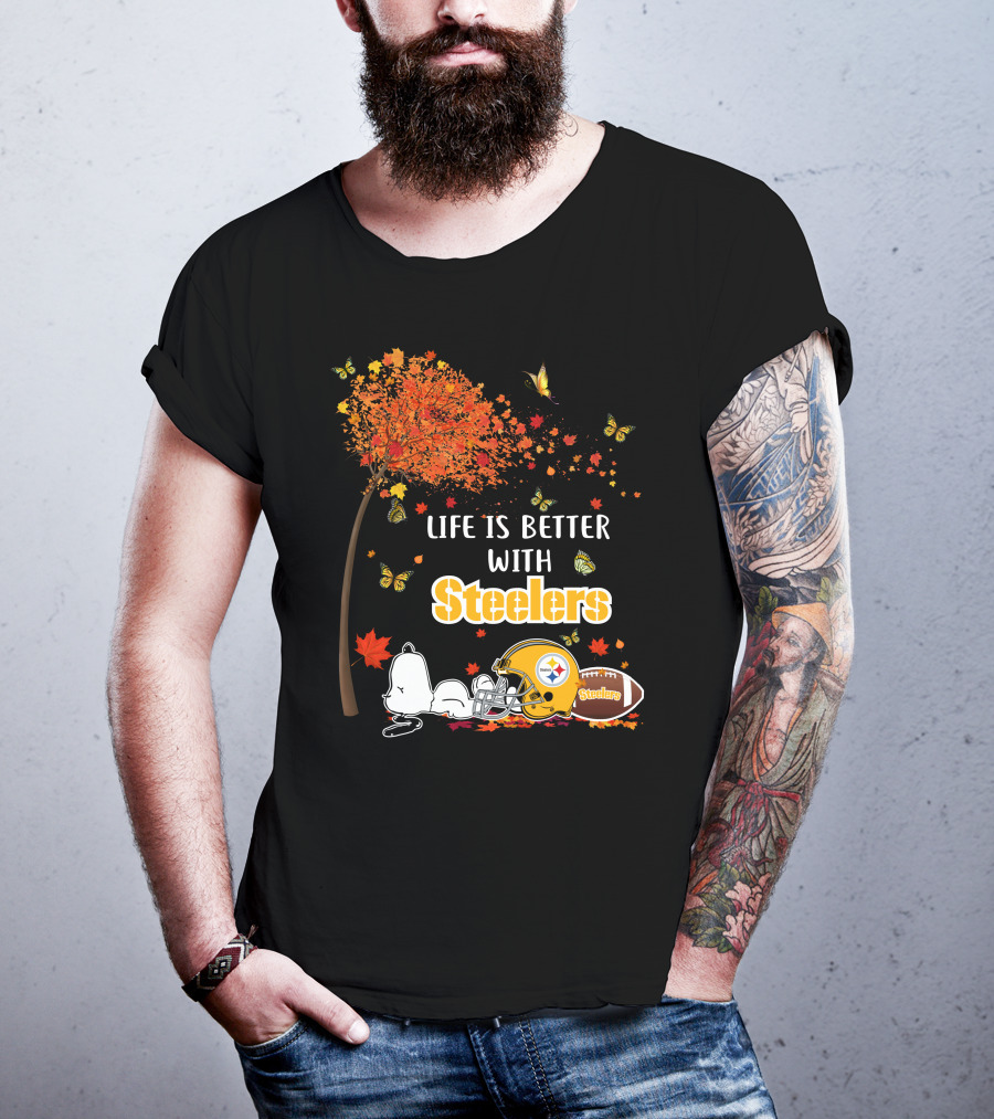 Life Is Better With Steelers Autumn Snoopy Football Helmet T-Shirt