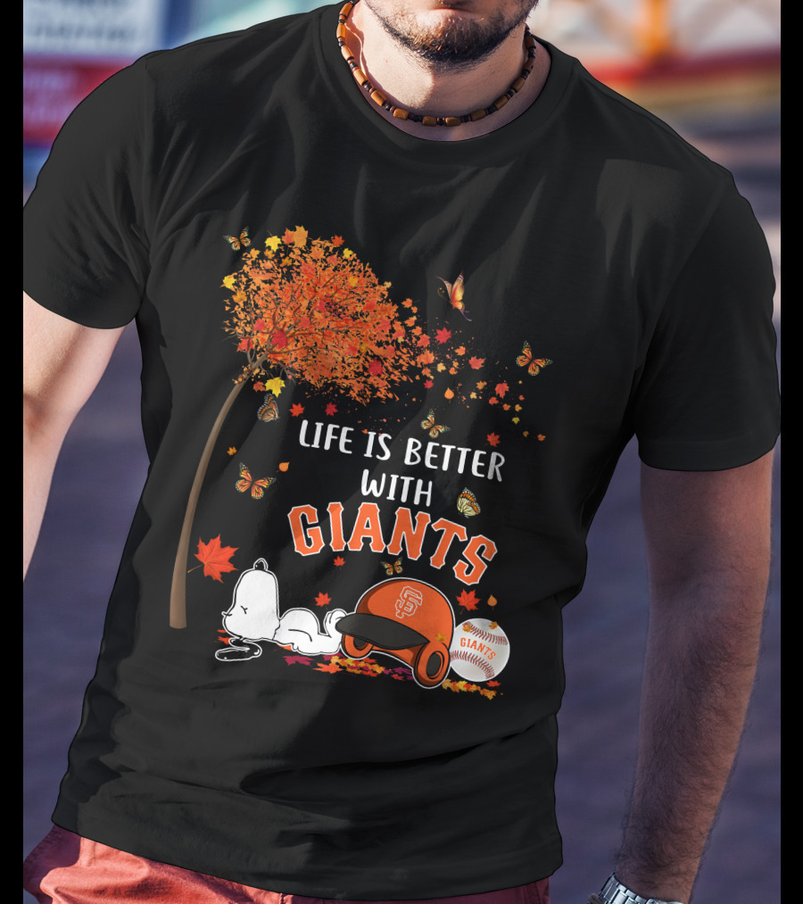 Life Is Better With Giants Snoopy Fall Leaves Baseball Cap T-Shirt