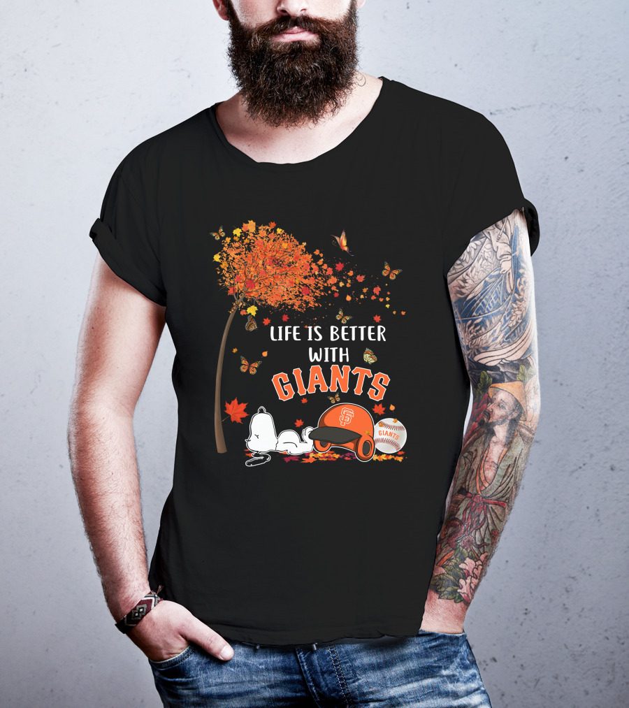 Life Is Better With Giants Snoopy Fall Leaves Baseball Cap T-Shirt