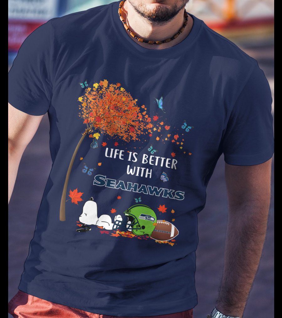 Life Is Better With Seattle Seahawks Autumn Leaves Football Helmet Snoopy And Woodstock T-Shirt