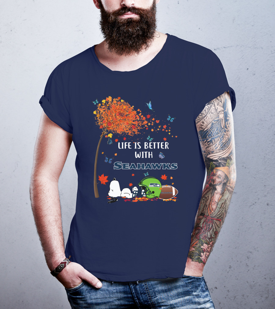 Life Is Better With Seattle Seahawks Autumn Leaves Football Helmet Snoopy And Woodstock T-Shirt