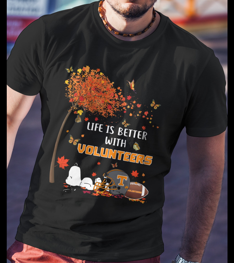 Life Is Better With Volunteers Tennessee Football Autumn Leaves And Butterflies T-Shirt