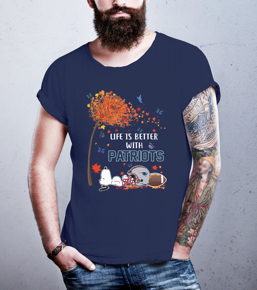 Life Is Better With Patriots New England Football Autumn Leaves And Snoopy T-Shirt