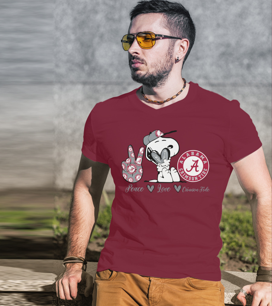 Peace Love Alabama Crimson Tide Snoopy Football Fan Gear T-Shirt