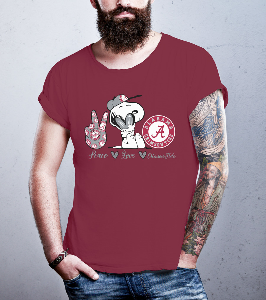 Peace Love Alabama Crimson Tide Snoopy Football Fan Gear T-Shirt