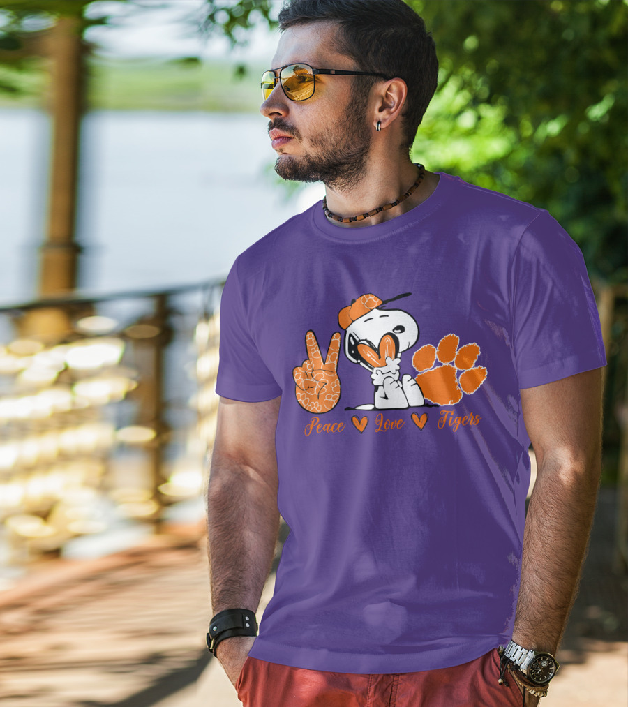 Peace Love Clemson Tigers Snoopy With Paw Print And Heart Icons T-Shirt