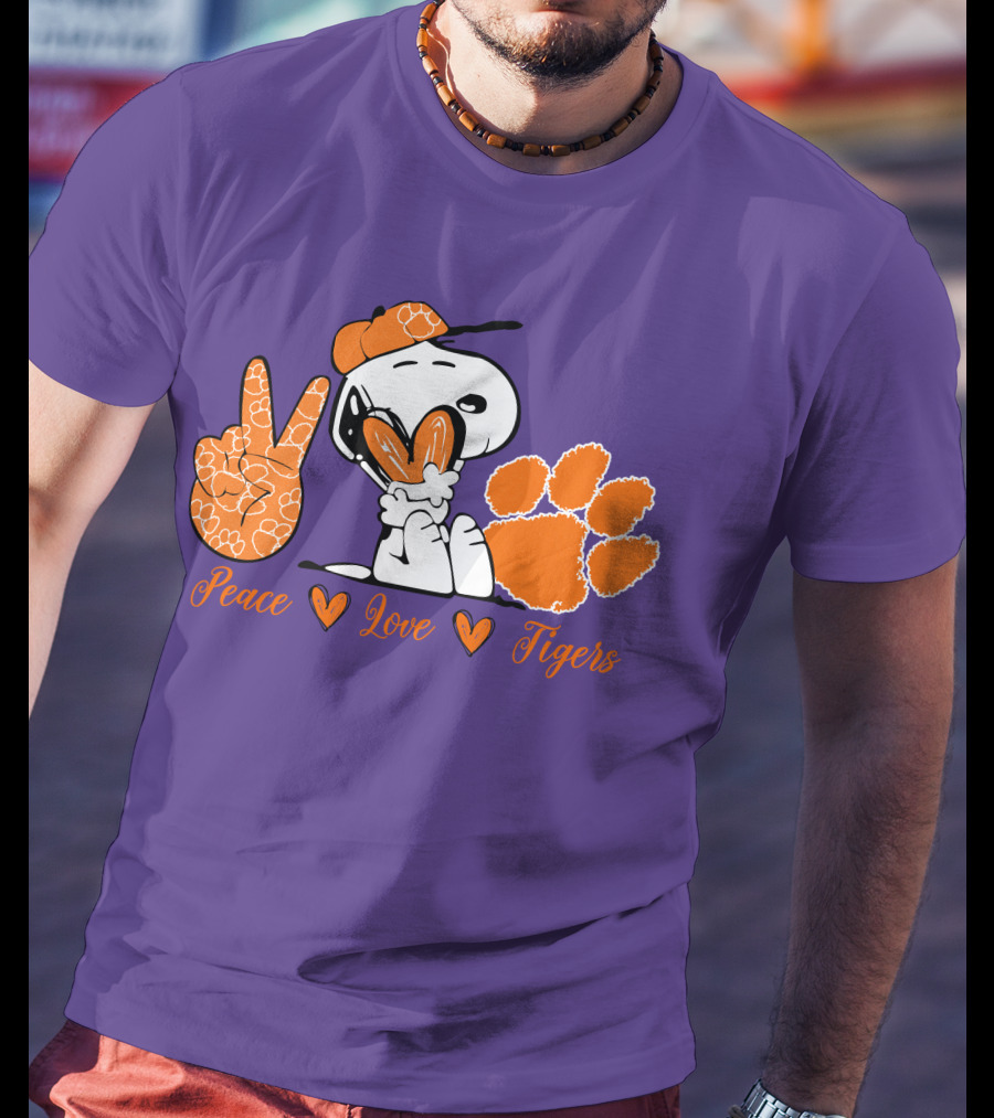 Peace Love Clemson Tigers Snoopy With Paw Print And Heart Icons T-Shirt
