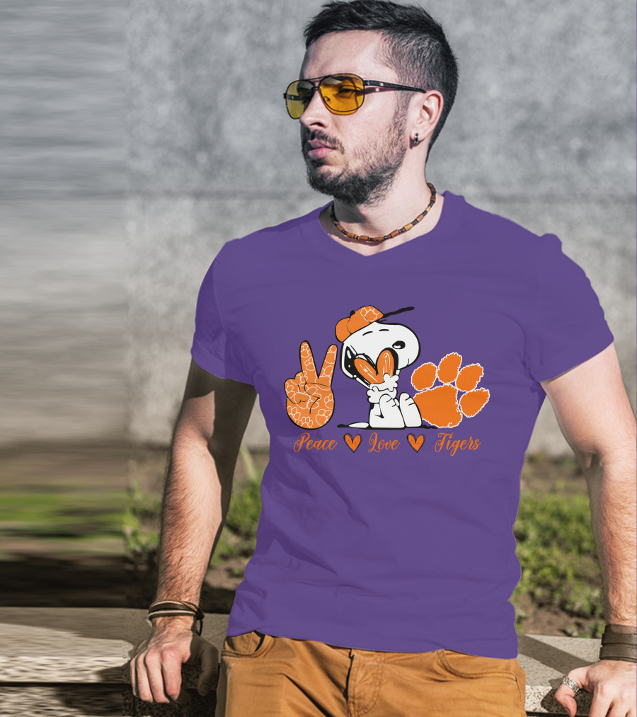 Peace Love Clemson Tigers Snoopy With Paw Print And Heart Icons T-Shirt