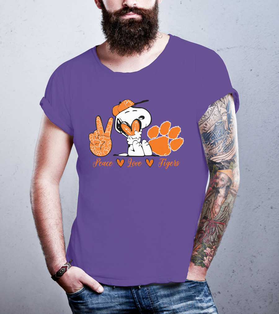 Peace Love Clemson Tigers Snoopy With Paw Print And Heart Icons T-Shirt