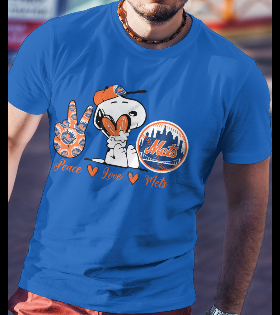 Snoopy Peace Love Mets New York City Skyline Baseball T-Shirt