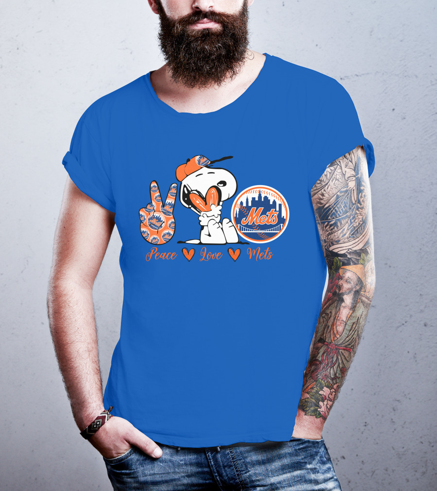 Snoopy Peace Love Mets New York City Skyline Baseball T-Shirt