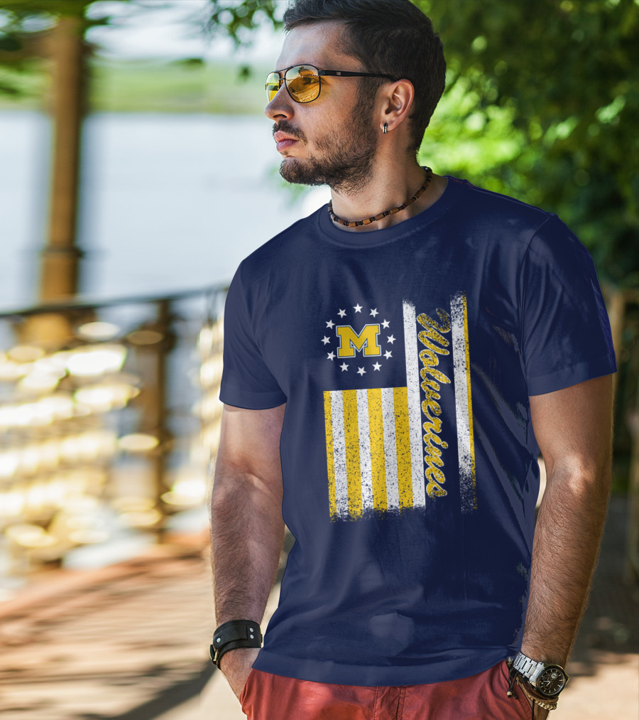 Michigan Wolverines M Logo American Flag Stars Stripes Edition T-Shirt
