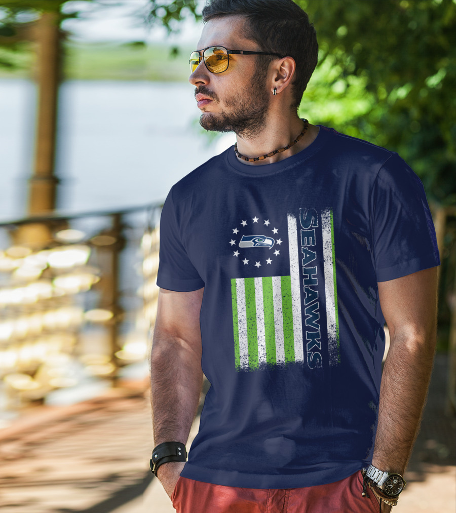 Seattle Seahawks American Flag Green Stripes 12 Stars T-Shirt
