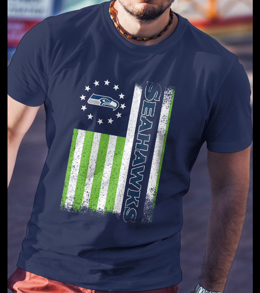 Seattle Seahawks American Flag Green Stripes 12 Stars T-Shirt