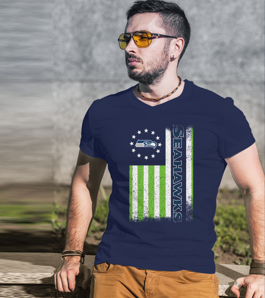 Seattle Seahawks American Flag Green Stripes 12 Stars T-Shirt