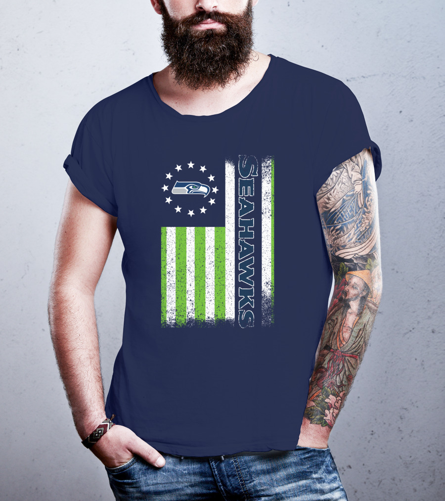 Seattle Seahawks American Flag Green Stripes 12 Stars T-Shirt