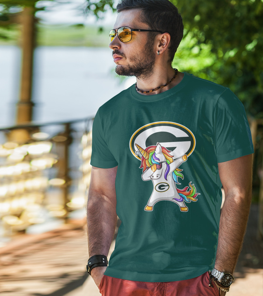 Green Bay Packers Dabbing Unicorn With Team Logo And Rainbow Mane T-Shirt