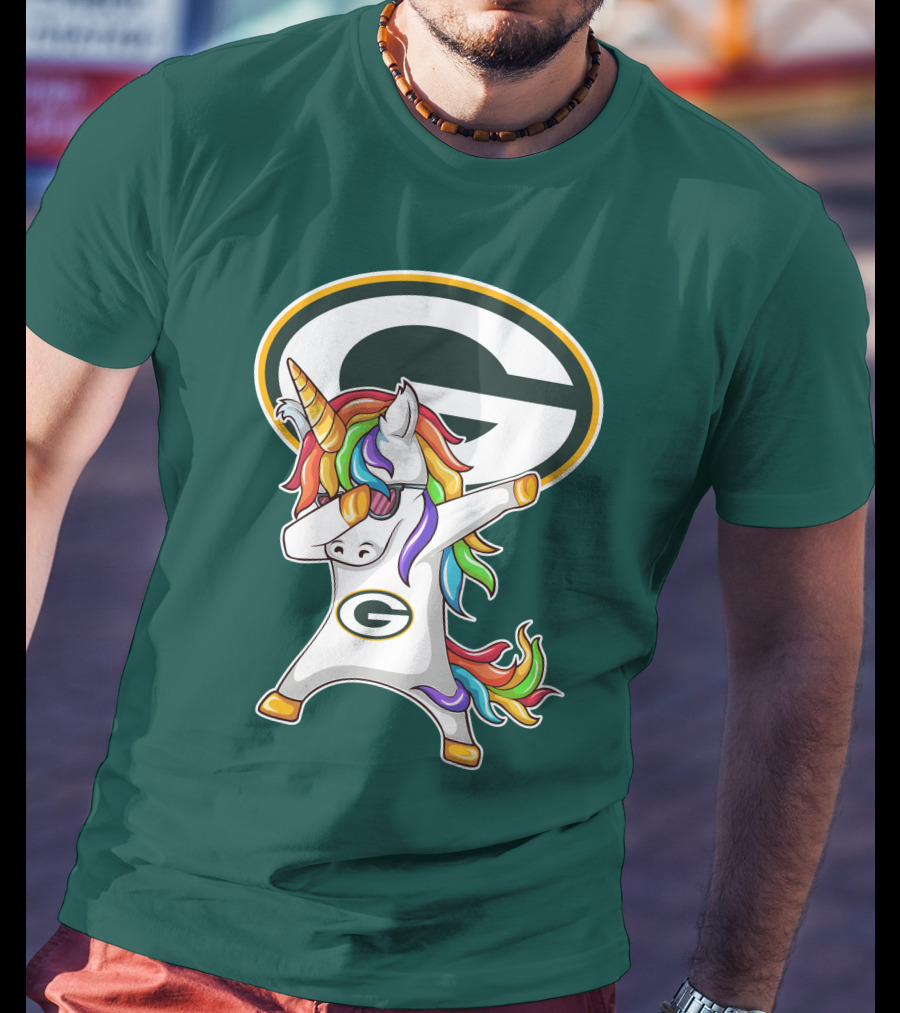 Green Bay Packers Dabbing Unicorn With Team Logo And Rainbow Mane T-Shirt