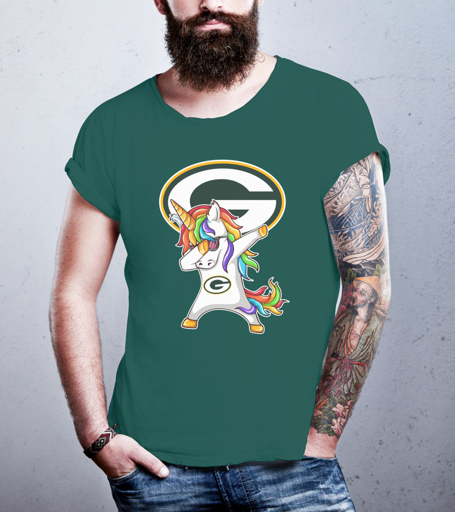 Green Bay Packers Dabbing Unicorn With Team Logo And Rainbow Mane T-Shirt