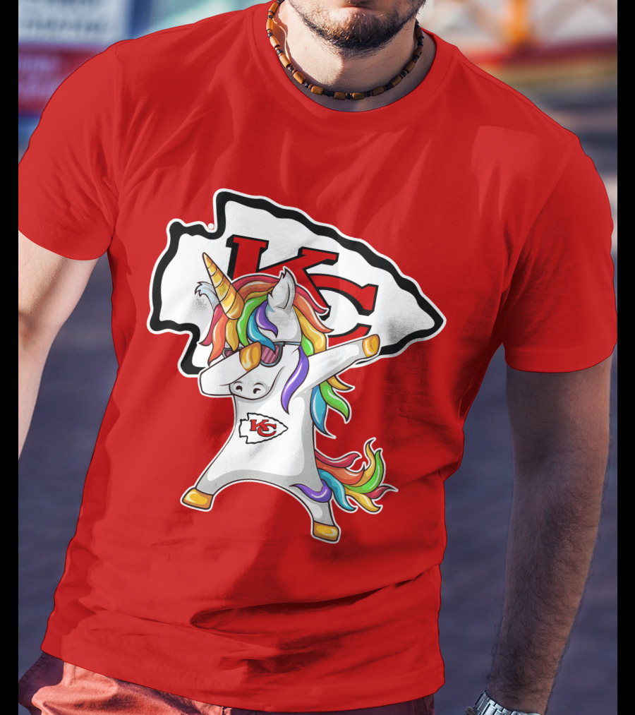 Kansas City Chiefs Unicorn Dabbing KC Logo Rainbow Mane T-Shirt