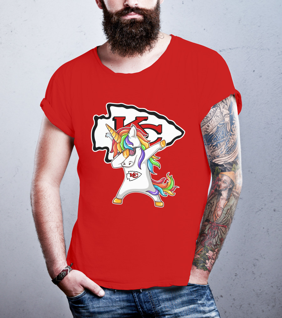 Kansas City Chiefs Unicorn Dabbing KC Logo Rainbow Mane T-Shirt