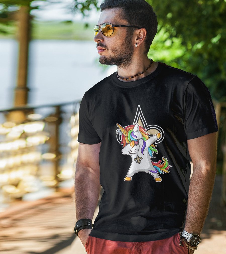 New Orleans Saints Unicorn Dabbing Fleur-de-Lis Rainbow Mane T-Shirt
