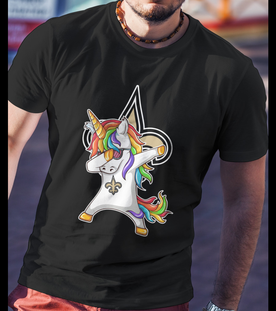 New Orleans Saints Unicorn Dabbing Fleur-de-Lis Rainbow Mane T-Shirt