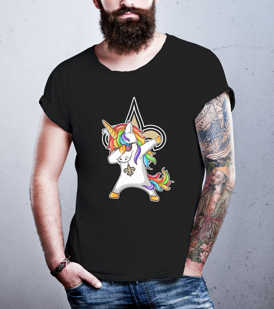 New Orleans Saints Unicorn Dabbing Fleur-de-Lis Rainbow Mane T-Shirt
