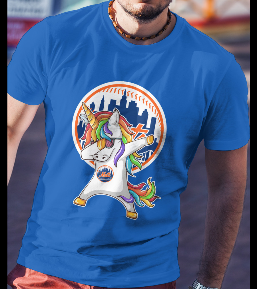 New York Mets Unicorn Dabbing Rainbow Skyline Baseball T-Shirt