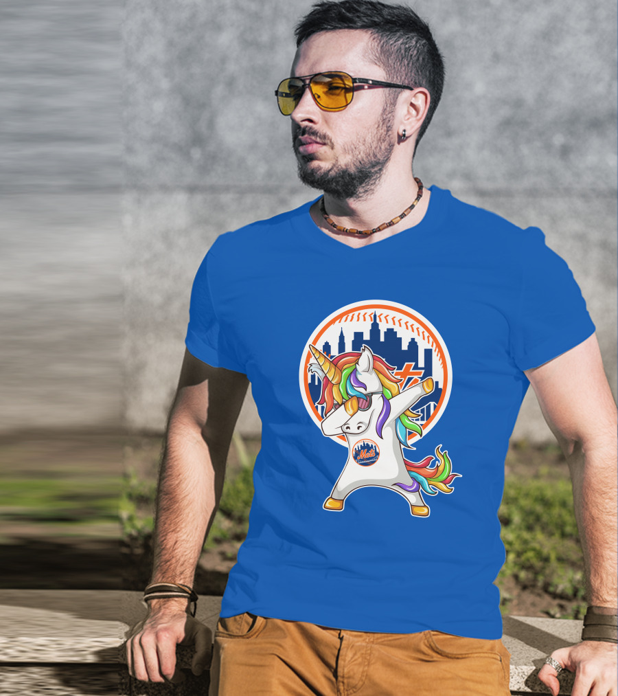 New York Mets Unicorn Dabbing Rainbow Skyline Baseball T-Shirt