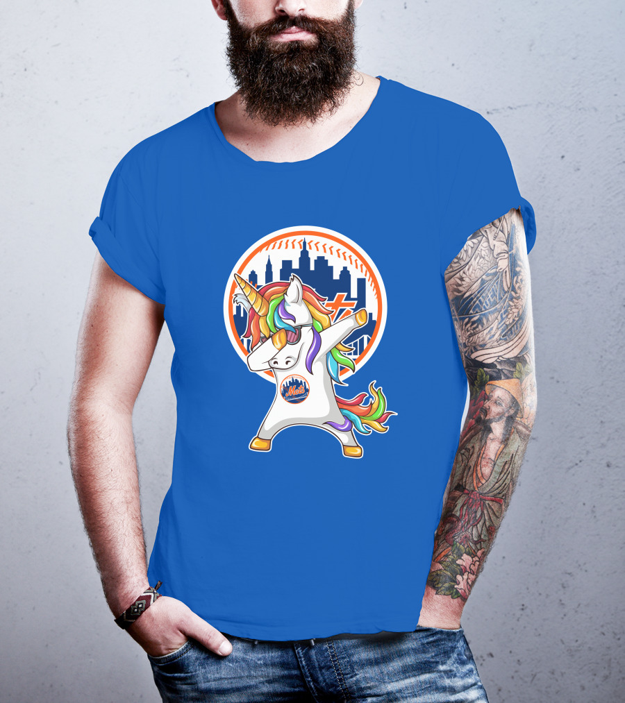 New York Mets Unicorn Dabbing Rainbow Skyline Baseball T-Shirt