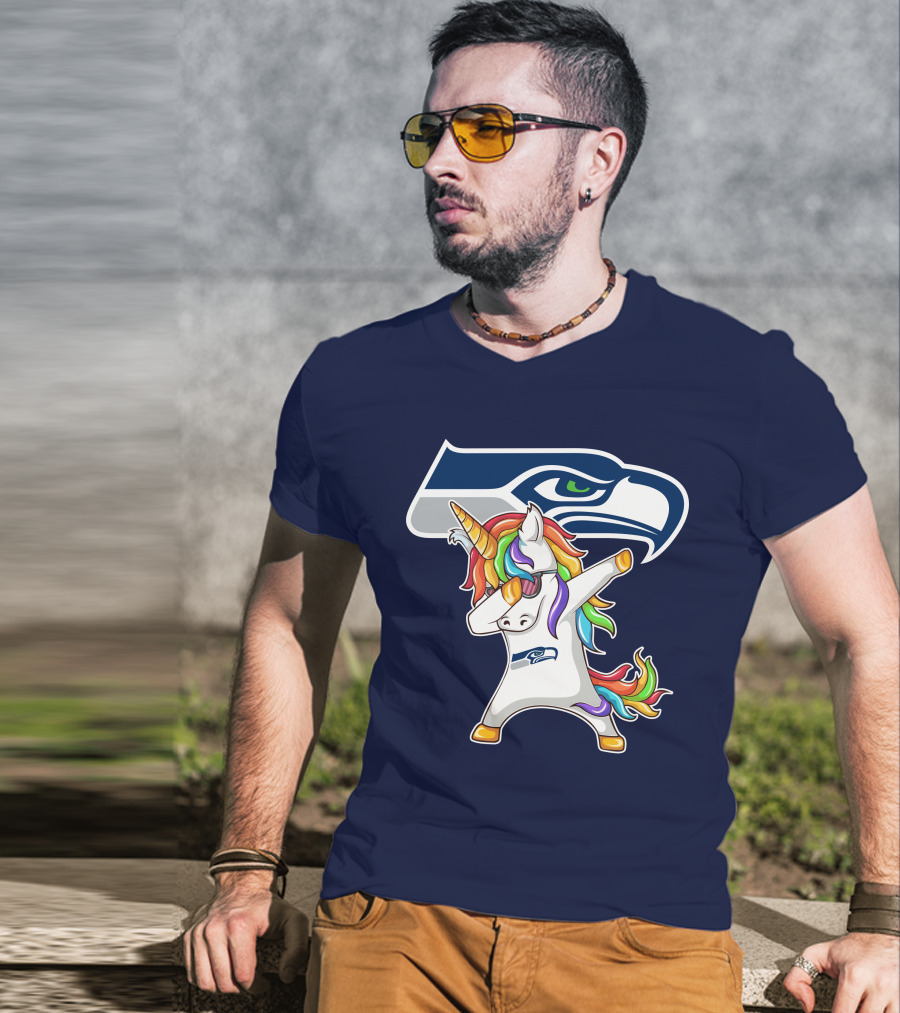 Seattle Seahawks Unicorn Dabbing Rainbow Hair T-Shirt
