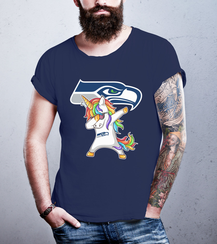 Seattle Seahawks Unicorn Dabbing Rainbow Hair T-Shirt
